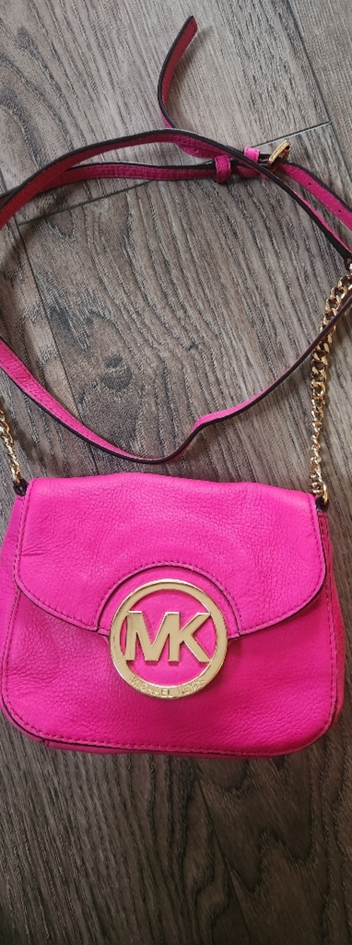 Michael Kors Hot Pink Fulton Leather Crossbody with Gold MK Medallion
